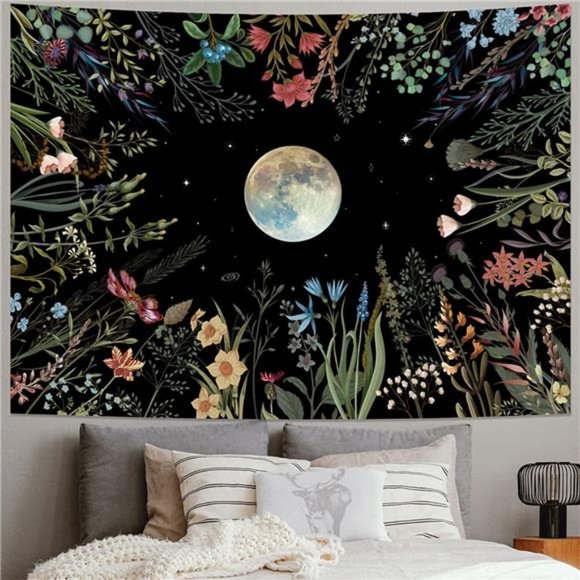 Moonlit Garden 51.2" x 59.1"Tapestry Moon Flower Tapestry Colorful Plant Decor - Picture 1 of 6